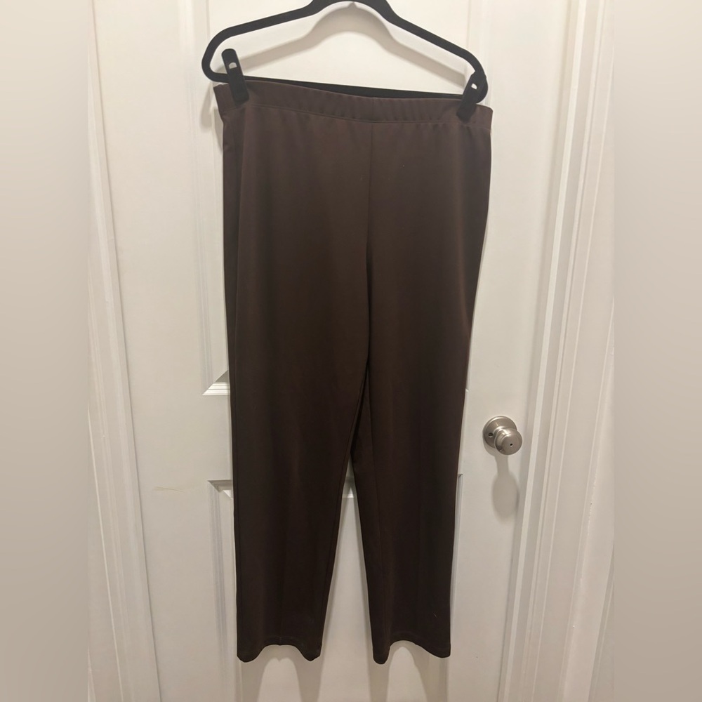 Susan Graver Woman’s Large Regular Brown Pants, Elastic Waist, “liquid knit”